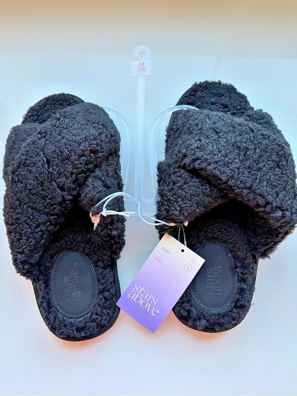 Stars Above Paris Crossband Faux Fur Slippers Black US 7/8